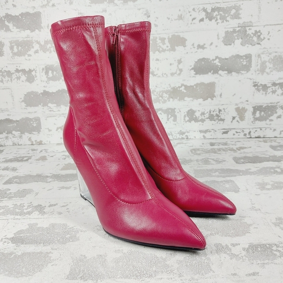 NEW Open Edit Burgundy Leather Ederika Clear Wedge Pointy Toe Ankle Boots i131 - Picture 4 of 14